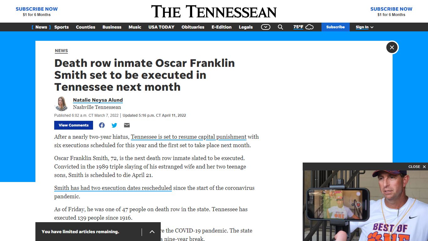 Death row inmate Oscar Franklin Smith set to be executed in Tennessee